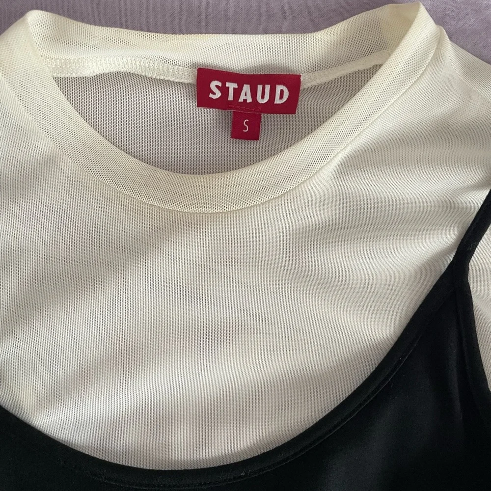 STAUD Black Slip Dress Over Cream Tee Layer - Picture 2 of 3